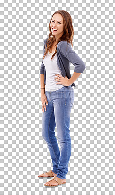 Buy stock photo Isolated woman, portrait and fashion with smile, denim jeans or casual aesthetic by transparent png background. Young model, student girl and happiness with excited face, trendy clothes and confident