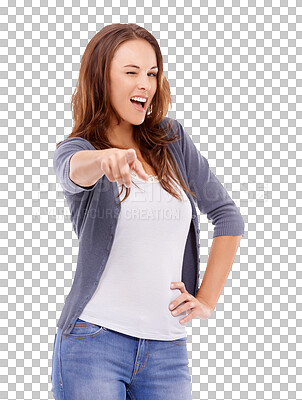 Buy stock photo Wink, pointing and portrait of woman on png for decision, vote and choose you. Smile, flirty and confidence with female isolated on transparent background for choice, motivation and finger gesture 