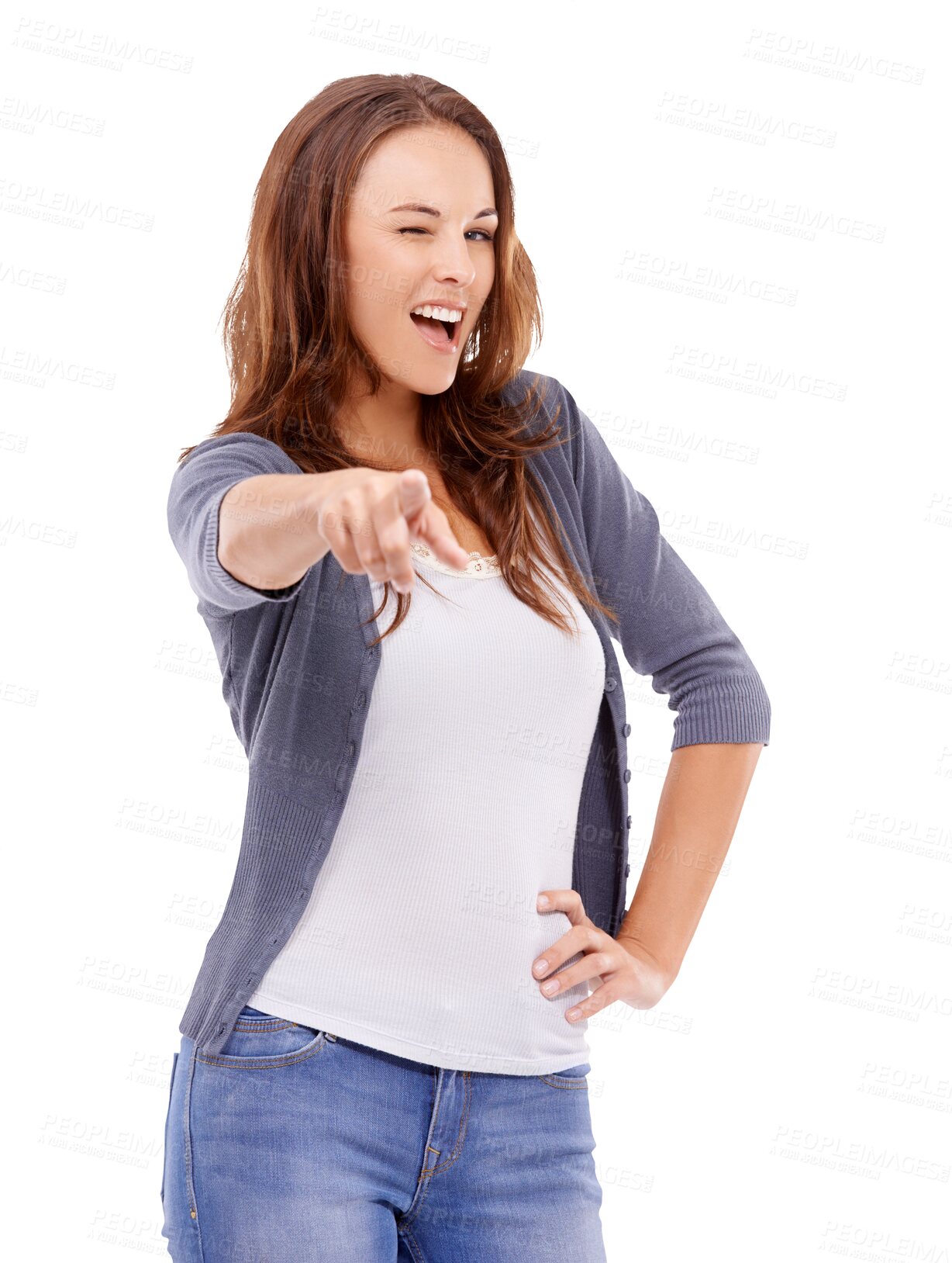 Buy stock photo Wink, pointing and portrait of woman on png for decision, vote and choose you. Smile, flirty and confidence with female isolated on transparent background for choice, motivation and finger gesture 