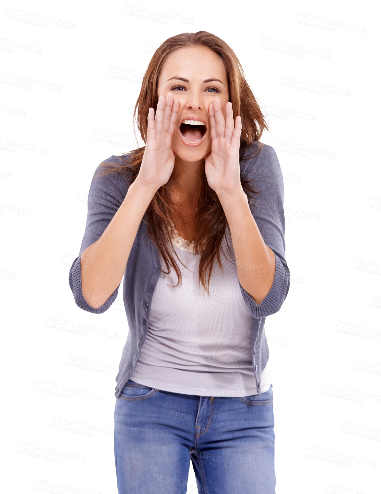 Buy stock photo Shouting, happy and portrait of woman on png for announcement, attention or noise. Crazy, announce and voice with female model isolated on transparent background for good news, opinion or message