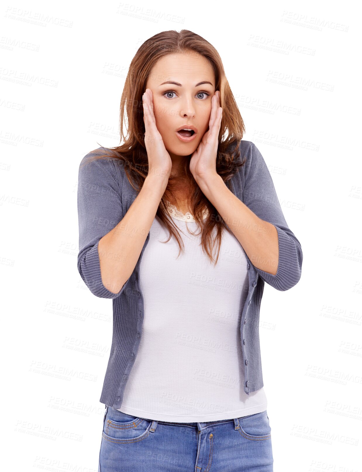 Buy stock photo Shocked, surprise and portrait of woman on png for announcement, news and information. Rumor, omg and wow with female model isolated on transparent background for secret, confused and mind blown