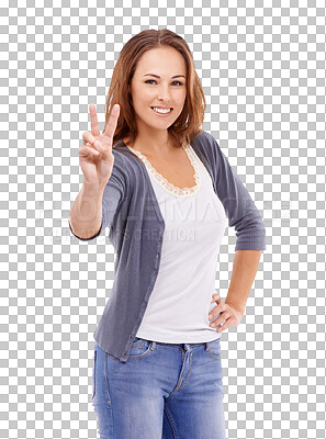 Buy stock photo Peace sign, smile and portrait of woman on png for support, yes or motivation. Emoji, happy and approval with female and v hand gesture isolated on transparent background for pride, confidence or joy