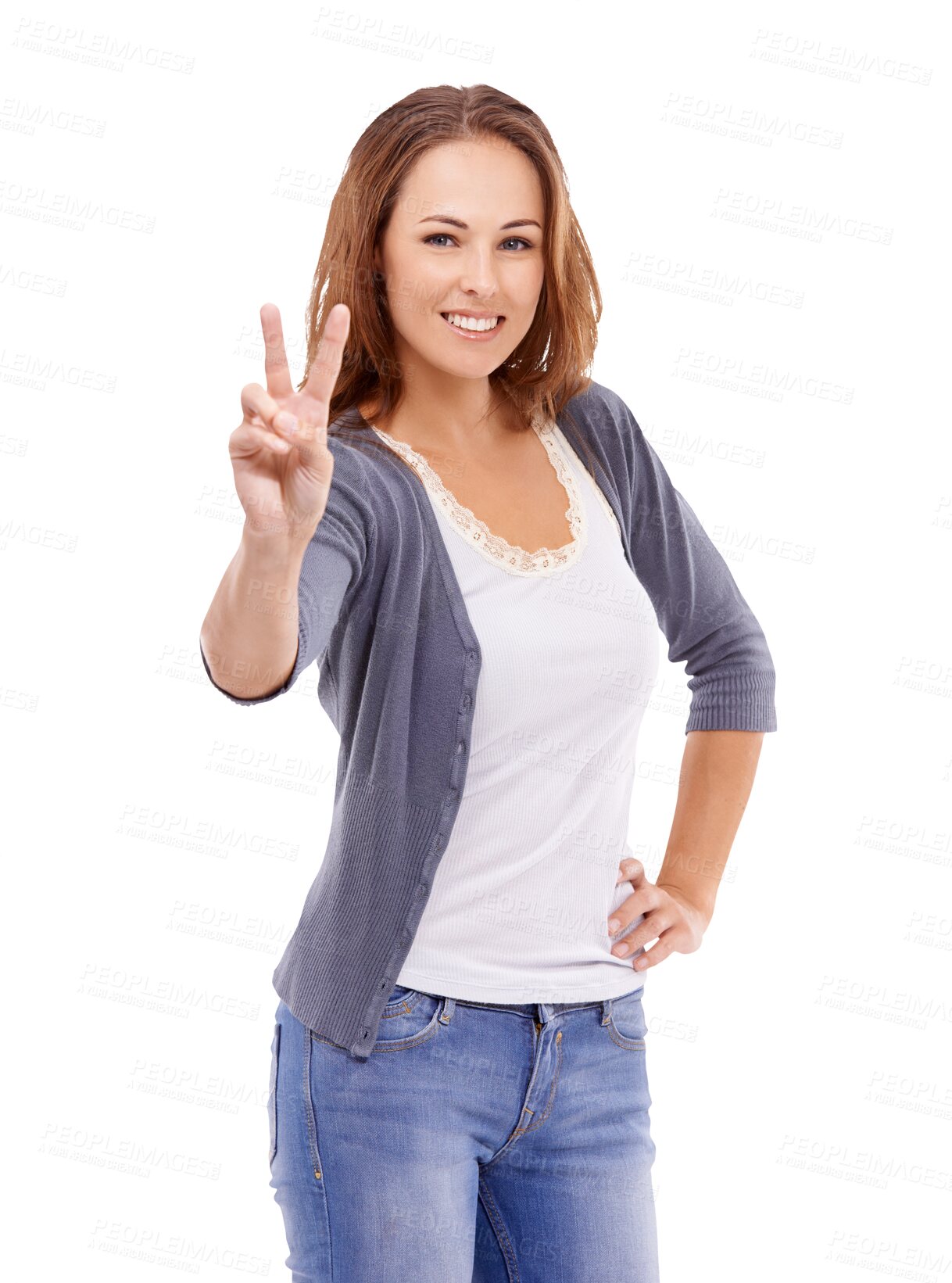 Buy stock photo Peace sign, smile and portrait of woman on png for support, yes or motivation. Emoji, happy and approval with female and v hand gesture isolated on transparent background for pride, confidence or joy