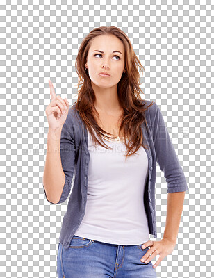 Buy stock photo Thinking, confused and pointing with woman on png for questions, doubt and brainstorming. Idea, solution and inspiration with female model isolated on transparent background for contemplating choice