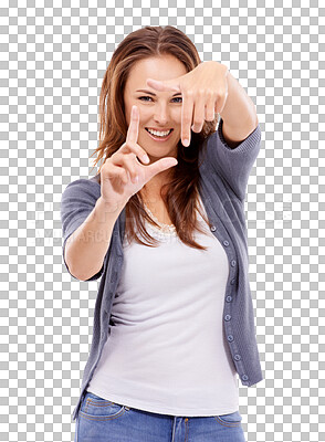 Buy stock photo Portrait, finger frame and photography with a woman isolated on a transparent background for dimensions or measurement. Face, hands or PNG with an attractive young female model posing for hand border