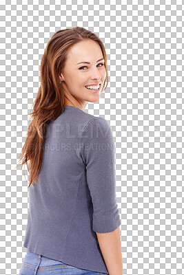 Buy stock photo Woman, smile and portrait with modern fashion clothing isolated on a transparent, png background. Happy, young female person and face with trendy, style and fashionable clothes with happiness