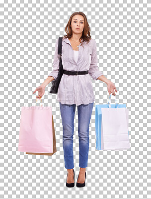 Buy stock photo Isolated woman, portrait and shopping bag with oops, regret or overspending by transparent png background. Young model, student girl and retail addiction with doubt, discount and deal from boutique