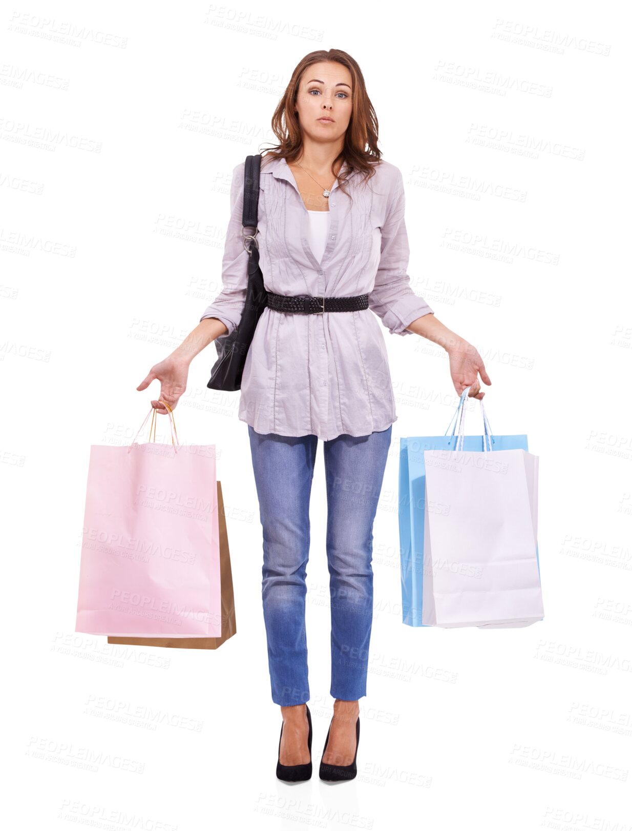 Buy stock photo Isolated woman, portrait and shopping bag with oops, regret or overspending by transparent png background. Young model, student girl and retail addiction with doubt, discount and deal from boutique