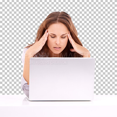 Buy stock photo Stress, headache and woman on laptop isolated on transparent, png background for migraine, burnout or angry. Brain fog, problem or confused business person massage temple and frustrated on computer