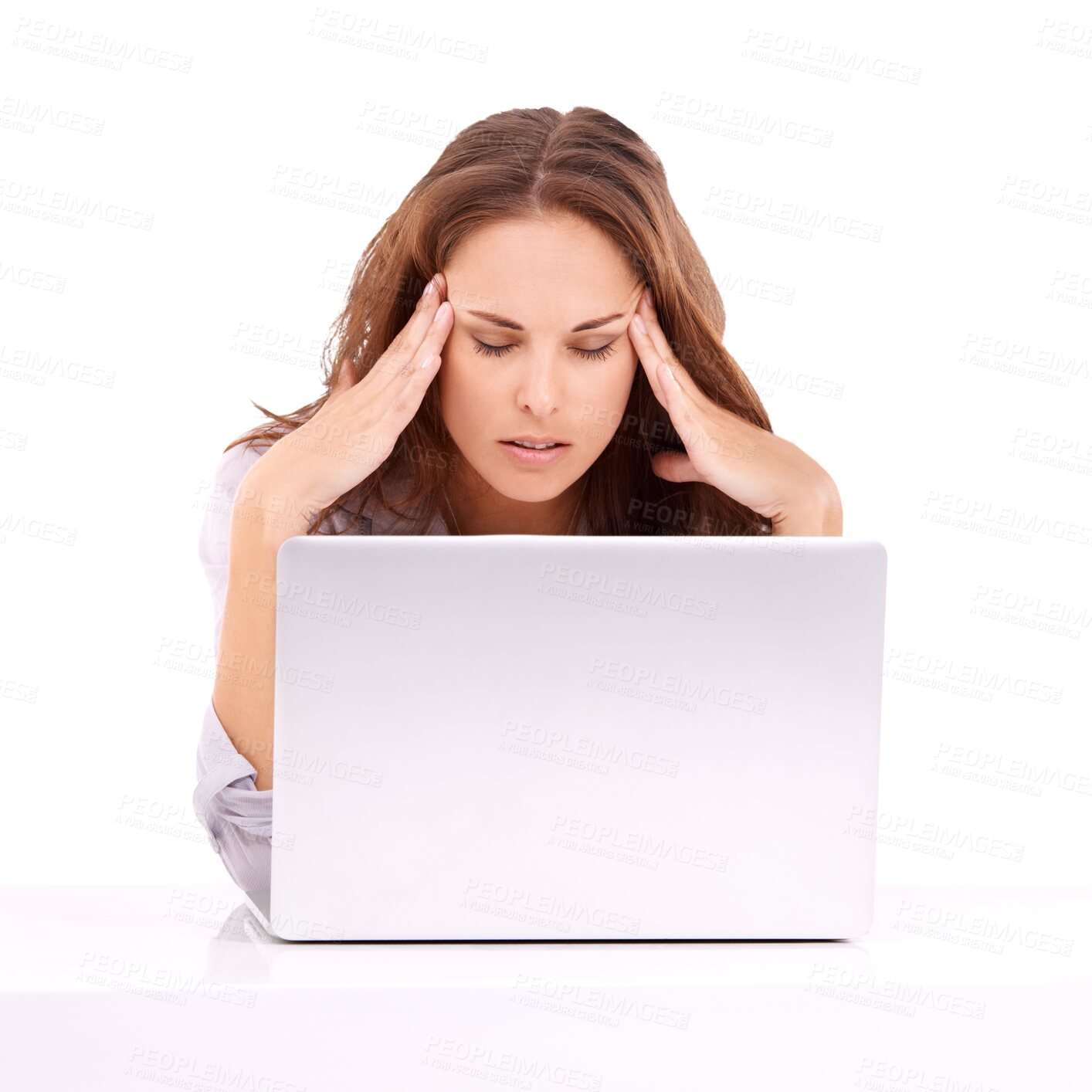 Buy stock photo Stress, headache and woman on laptop isolated on transparent, png background for migraine, burnout or angry. Brain fog, problem or confused business person massage temple and frustrated on computer