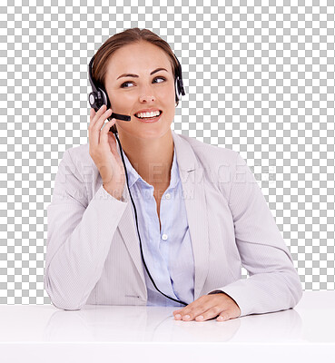 Buy stock photo Isolated woman, call center and listen with smile, thinking or microphone by transparent png background. Female crm, agent or tech support consultant with happiness, ideas or help in customer service