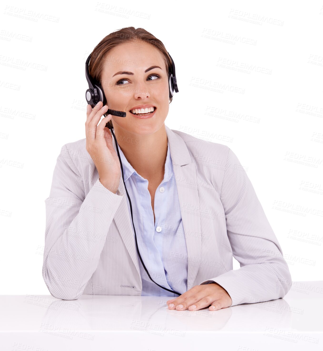 Buy stock photo Isolated woman, call center and listen with smile, thinking or microphone by transparent png background. Female crm, agent or tech support consultant with happiness, ideas or help in customer service