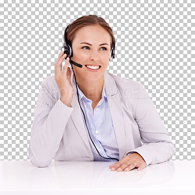 Buy stock photo Call center, thinking and happy woman isolated on transparent, png background for online solution for client. Professional agent, consultant or business people with telecom ideas, vision or help desk