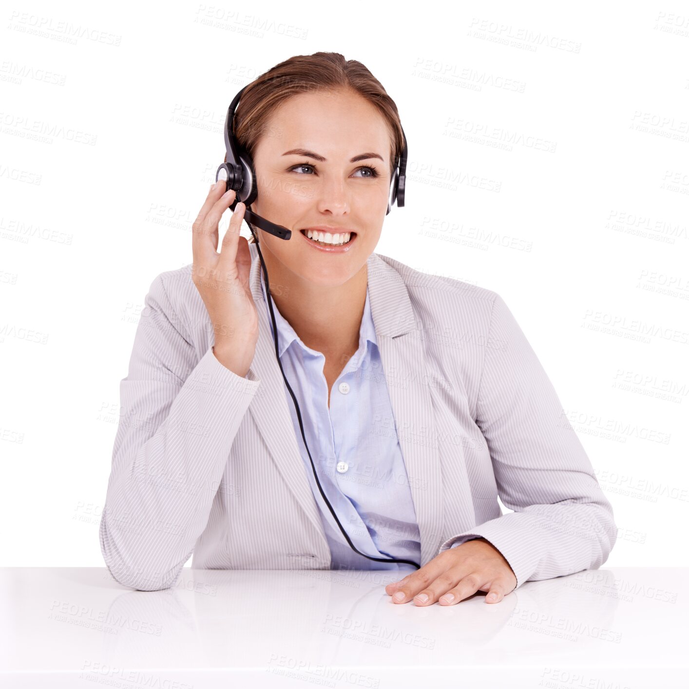 Buy stock photo Call center, thinking and happy woman isolated on transparent, png background for online solution for client. Professional agent, consultant or business people with telecom ideas, vision or help desk