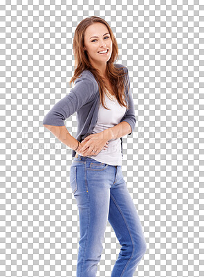 Buy stock photo Woman, smile and joy portrait with modern fashion clothing isolated on a transparent, png background. Happy, young female person and face with trendy, style and fashionable clothes with happiness