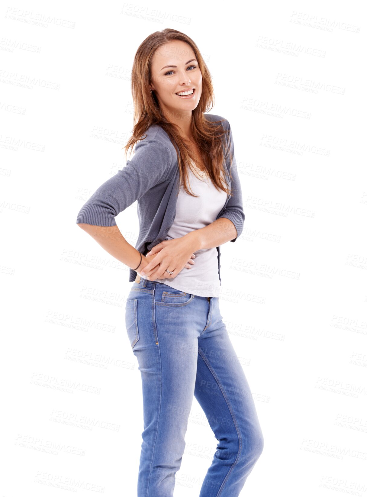 Buy stock photo Woman, smile and joy portrait with modern fashion clothing isolated on a transparent, png background. Happy, young female person and face with trendy, style and fashionable clothes with happiness