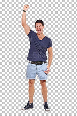 Buy stock photo Portrait, man and fist up celebrating success or big smile on isolated and transparent png background. Male person, winner and victory for reaching goal or target with hand gesture or champion