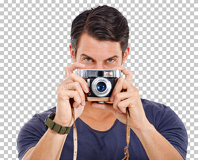 Buy stock photo Man, retro camera and portrait of a photographer holding equipment or creative on isolated and transparent png background. Photography, male model and artistic or capturing vintage still media 