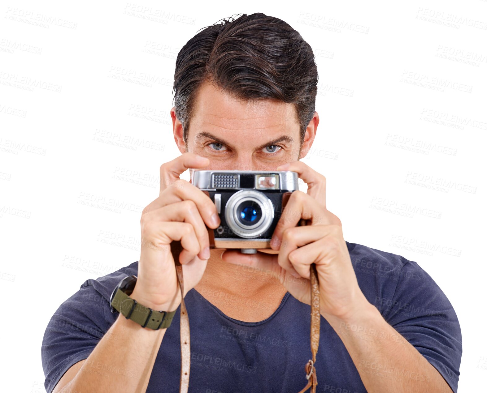 Buy stock photo Man, retro camera and portrait of a photographer holding equipment or creative on isolated and transparent png background. Photography, male model and artistic or capturing vintage still media 