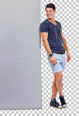 Buy stock photo Smile, fashion and a man leaning on mockup while isolated against a transparent background for branding. PNG, style and empty mock up space with a happy male person standing next to a gray poster