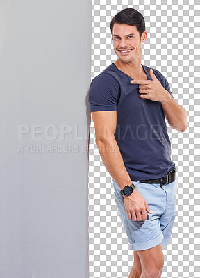 Buy stock photo Portrait, fashion and a man pointing to mock up while isolated against a transparent background for branding. PNG, style and empty mockup space with a happy male person standing next to a gray wall