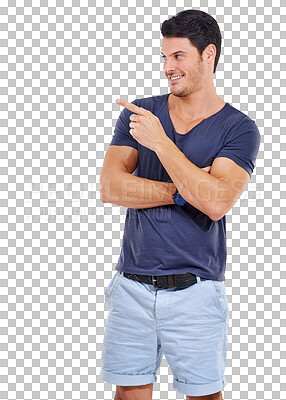 Buy stock photo Man, pointing and relax with a smile and advertising from choice isolated on a transparent and png background. Model, casual and male person with a hand point for promotion marketing and confidence  