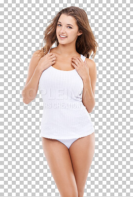 Buy stock photo Portrait, body and flirting with a woman in underwear isolated on a transparent background for sexy style. Beauty, feminine or sensual with an attractive young female model in pajamas to flirt on PNG