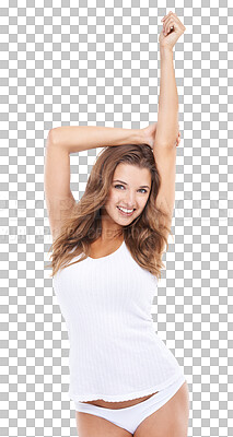 Buy stock photo Portrait, flirting and raised hand with a woman in underwear isolated on a transparent background for sexy style. Beauty, feminine and an attractive young female model in pajamas to flirt on PNG