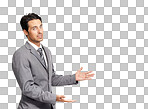 A nervous businessman gesturing towards copyspace while isolated on a png background