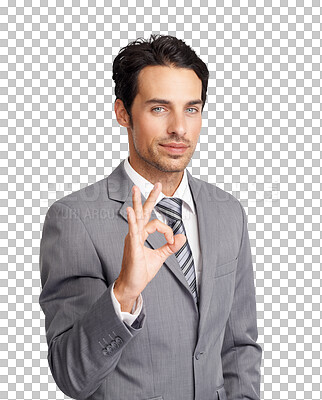 Buy stock photo Business man, portrait and hand for ok sign or a positive mindset, motivation and support. Male entrepreneur person with okay emoji for feedback or review isolated on a transparent, png background