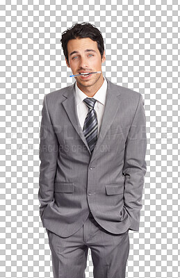 Buy stock photo Business man, portrait and biting pen isolated on a transparent, png background for career confidence. Professional businessman or corporate person with confident expression in a suit and stationery