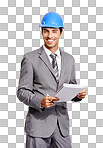 A handsome contractor wearing and holding his notes while isolated on a png background