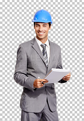 Buy stock photo Construction man, portrait and documents isolated on transparent, png background for safety check or inspection. Engineering, architecture and paperwork of contractor or happy business person in suit