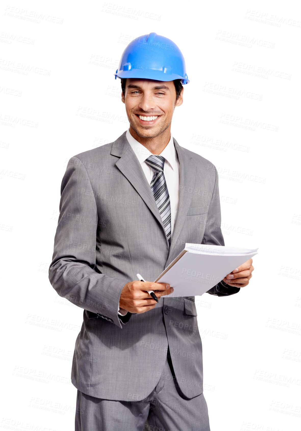 Buy stock photo Construction man, portrait and documents isolated on transparent, png background for safety check or inspection. Engineering, architecture and paperwork of contractor or happy business person in suit