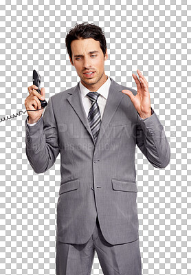 Buy stock photo Fight, telephone and serious business man isolated on a transparent png background. Landline, conversation and male professional with phone call for not listening, talk and argument with contact.