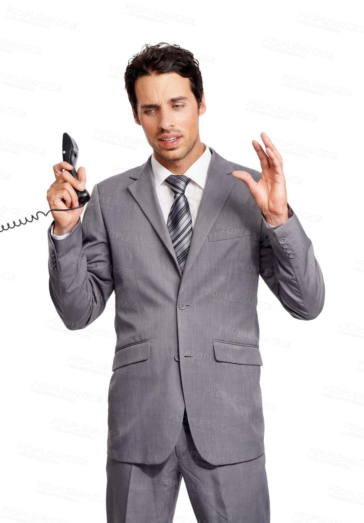 Buy stock photo Fight, telephone and serious business man isolated on a transparent png background. Landline, conversation and male professional with phone call for not listening, talk and argument with contact.