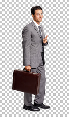 Buy stock photo Portrait, suitcase and pointing with a business man isolated on a transparent background for professional work. Corporate, welcome or hand gesture with a handsome young salesman in a suit on PNG