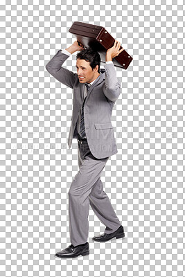 Buy stock photo Isolated, businessman and throwing briefcase in stress from  bankrupt finances or bad credit score, debt or money problem. Man, angry or frustrated corporate fail on transparent PNG background