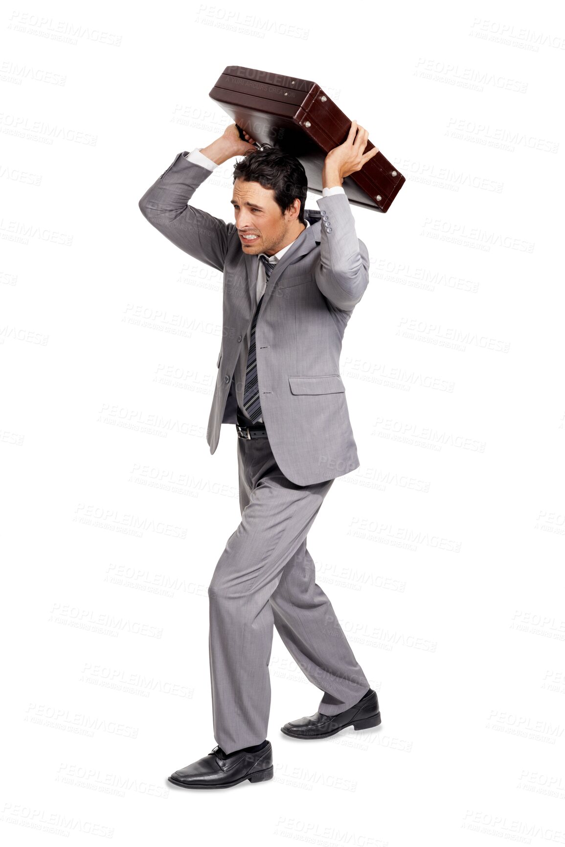 Buy stock photo Isolated, businessman and throwing briefcase in stress from  bankrupt finances or bad credit score, debt or money problem. Man, angry or frustrated corporate fail on transparent PNG background