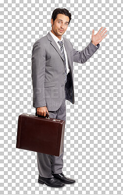 Buy stock photo Portrait, wave and suitcase with a business man isolated on a transparent background for professional work. Corporate, welcome and greeting with a handsome young salesman carrying a briefcase