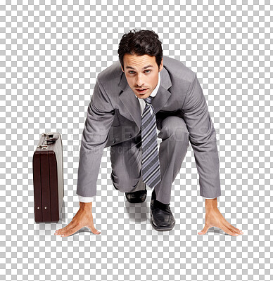 Buy stock photo Portrait, start or businessman in a race by a briefcase for in competition for a corporate career job. Entrepreneur in position ready to begin a challenge isolated on transparent png background 