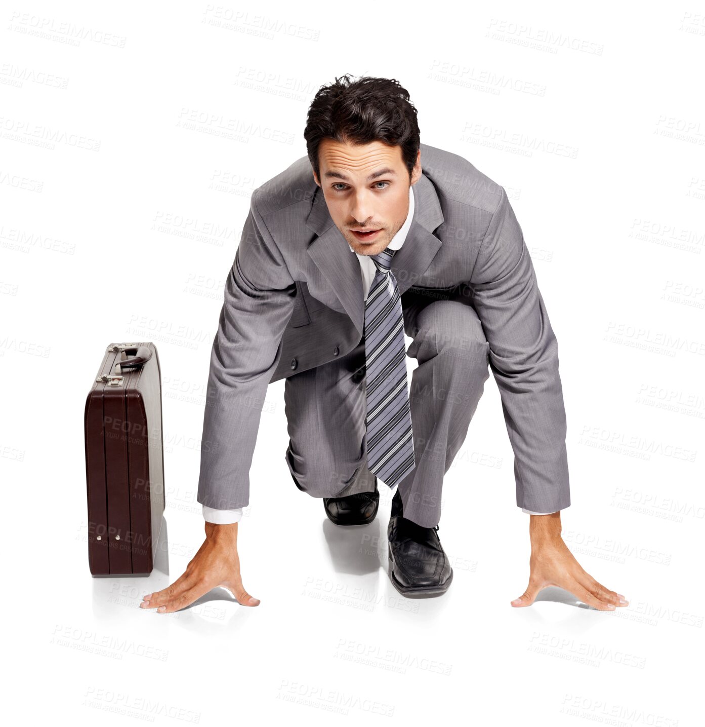 Buy stock photo Portrait, start or businessman in a race by a briefcase for in competition for a corporate career job. Entrepreneur in position ready to begin a challenge isolated on transparent png background 