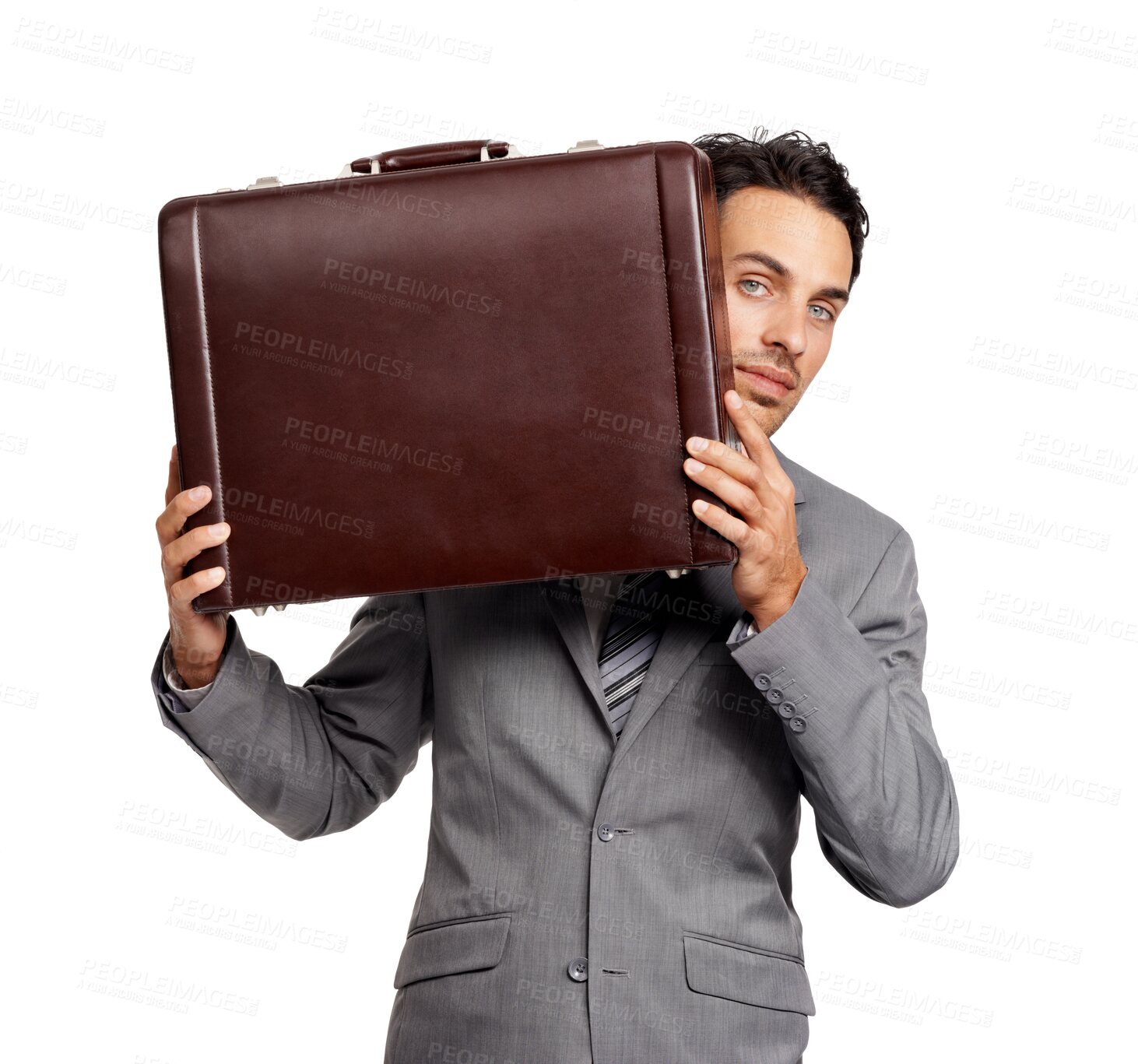 Buy stock photo Portrait, briefcase and PNG with a business man isolated on a transparent background for professional work. Corporate, welcome and hiding with a handsome young male employee carrying a suitcase