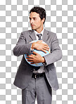 A executive clutching a world globe to his chest protectively isolated on a png background