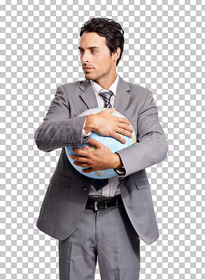 Buy stock photo World, love and businessman hugging globe for earth day, sustainability and agriculture. Corporate, suit and male employee embracing planet model for protection isolated by transparent png background