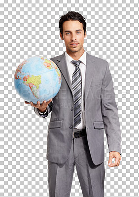 Buy stock photo Portrait, globe and a business man holding a world map isolated on a transparent background for corporate travel. Earth, professional and international with a male employee carrying an atlas on PNG