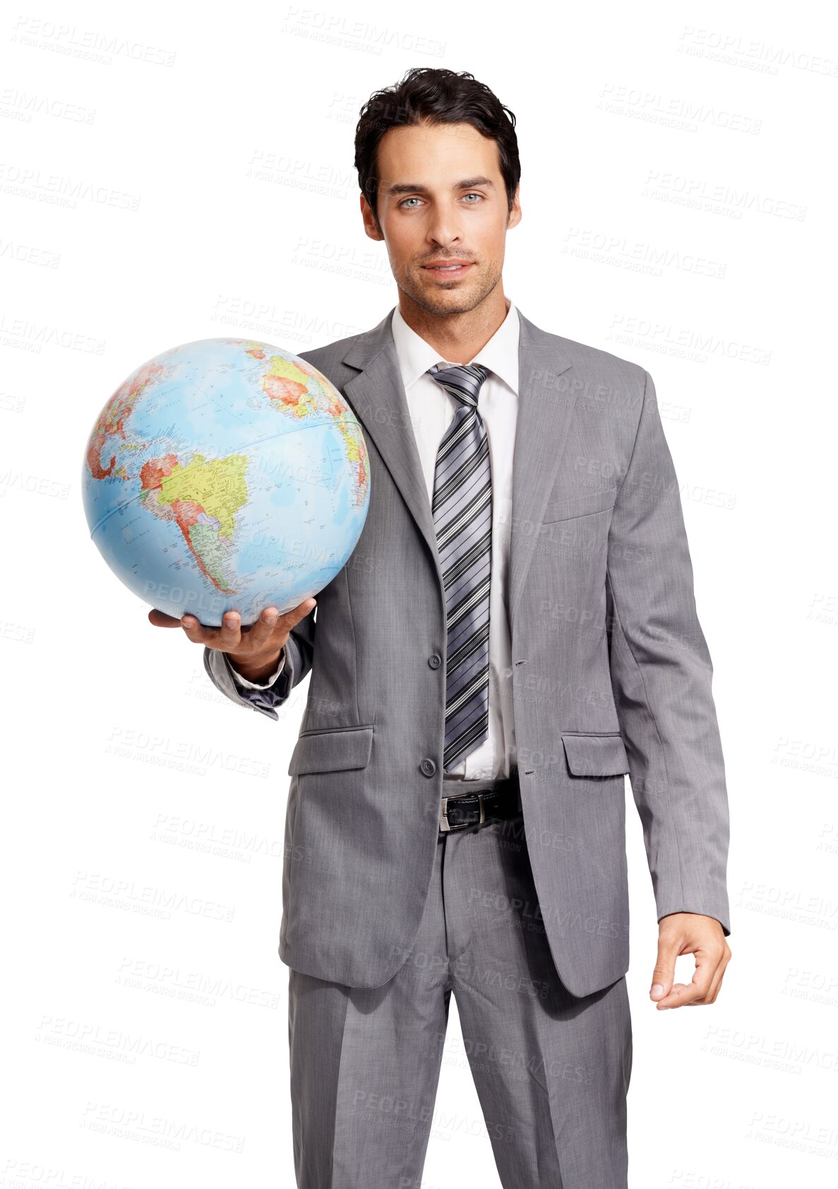 Buy stock photo Portrait, globe and a business man holding a world map isolated on a transparent background for corporate travel. Earth, professional and international with a male employee carrying an atlas on PNG