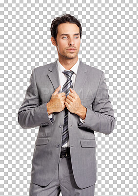 Buy stock photo Corporate, thinking and confident business man on isolated, png and transparent background. Leader, professional and serious male entrepreneur with confidence, pride and power for company success