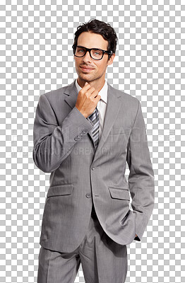 Buy stock photo Confident, corporate and portrait of business man on isolated, png and transparent background. Handsome, professional suit and serious male with confidence, pride and mindset for company with glasses