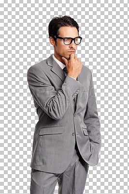 Buy stock photo Corporate, thinking and business man with decision on isolated, png and transparent background. Doubt, professional and serious male entrepreneur brainstorming choice, goal and thoughtful for company